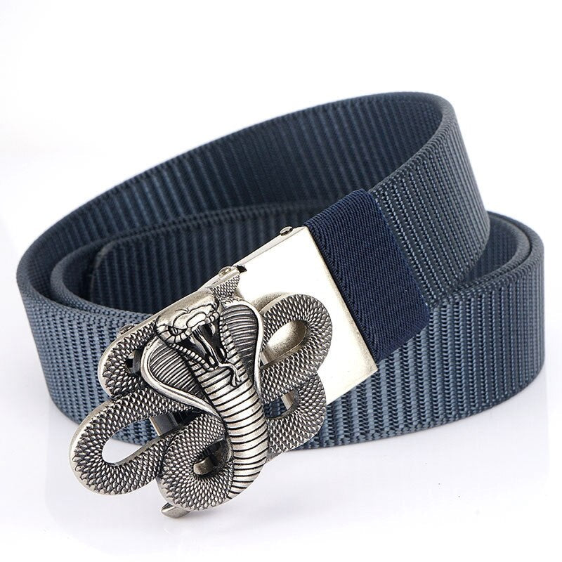 Snake Designer nylon belt with metal automatic buckle, stylish military design, perfect for unisex wear.