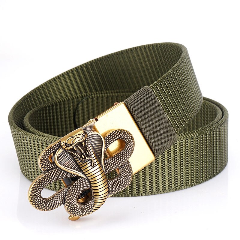 Snake Designer Nylon Belt with metal automatic buckle in military green, featuring a stylish snake design.