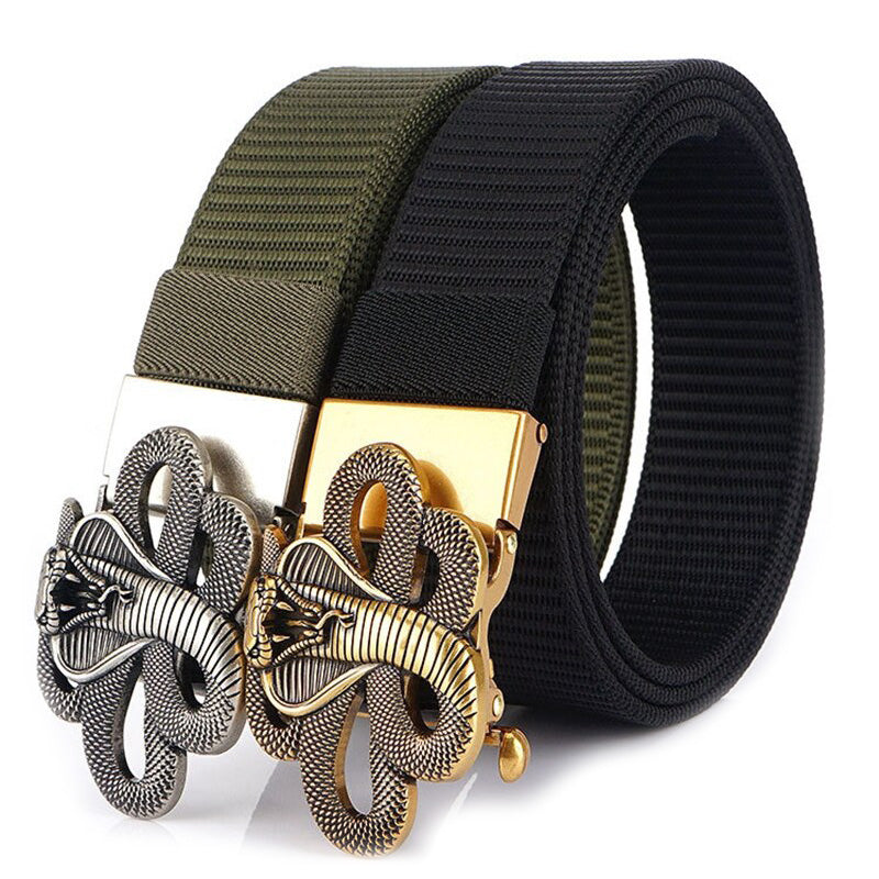 Snake Designer nylon military belts with metallic snake buckles in green and black colors, perfect for unisex wear.