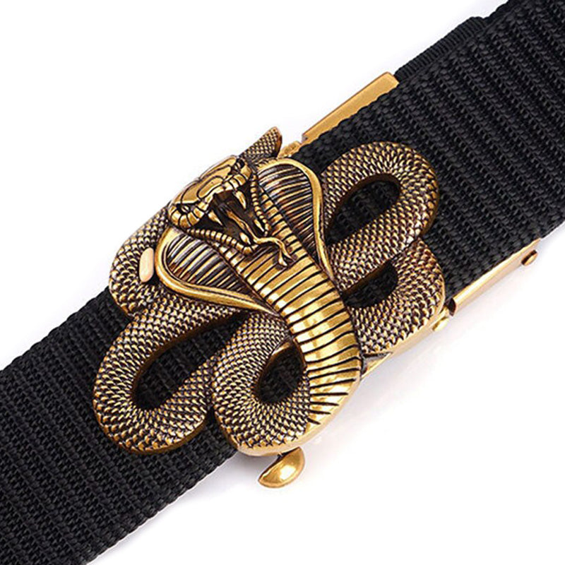 Snake designer nylon belt with a golden metal automatic buckle, showcasing a detailed snake design.