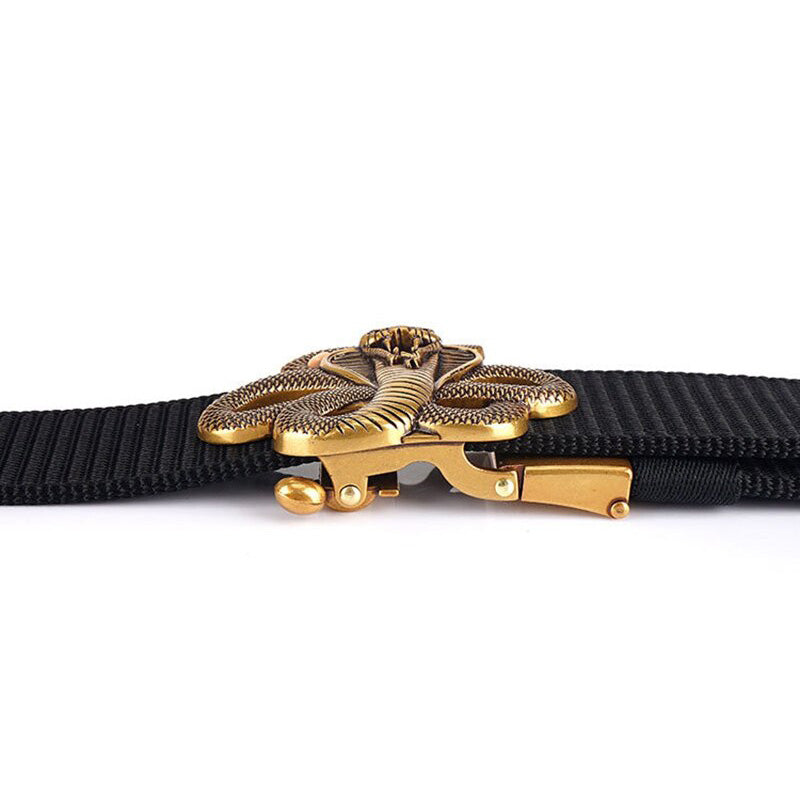 Close-up of Snake Designer Nylon Belt with metal automatic buckle featuring a detailed snake design, military style and unisex.