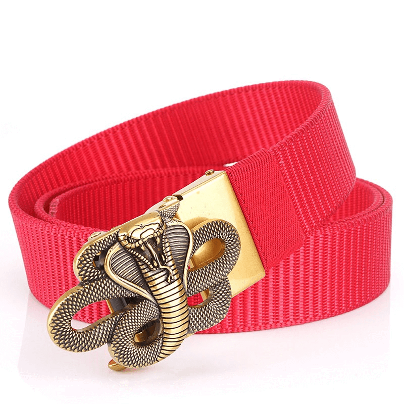 Red military-style nylon belt with a snake-design metal buckle, perfect for unisex wear.