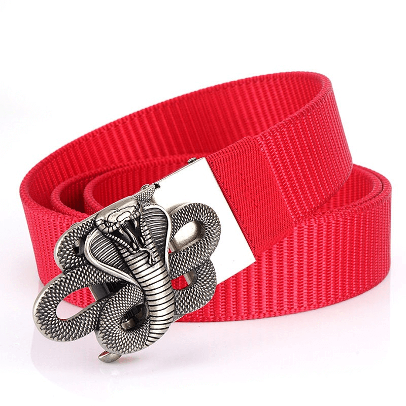 Red Snake Designer Nylon Belt with Metal Automatic Buckle, military-style multifunctional accessory.