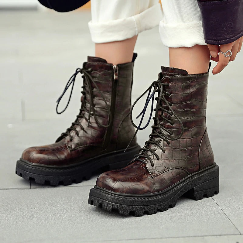 Snake Pattern Ankle Boots / Autumn/Winter Ladies Shoes / Lace-Up thick heels square toe Boots - HARD'N'HEAVY