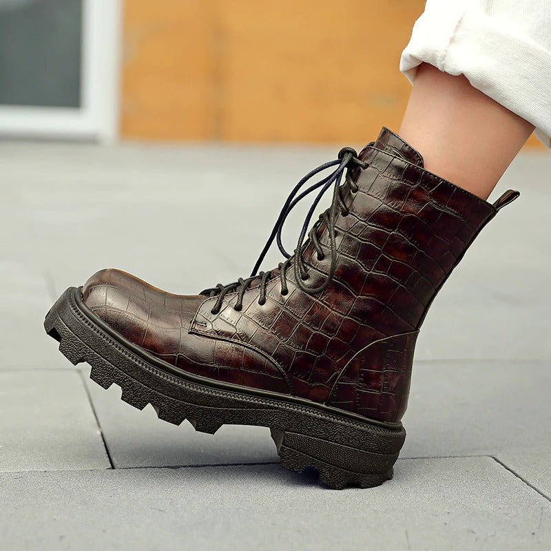 Snake Pattern Ankle Boots / Autumn/Winter Ladies Shoes / Lace-Up thick heels square toe Boots - HARD'N'HEAVY