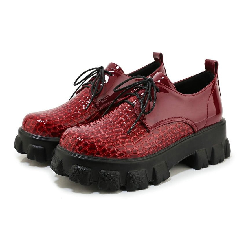 Red snake print PU leather lace-up fashion pumps with chunky rubber sole, perfect for stylish outfits.