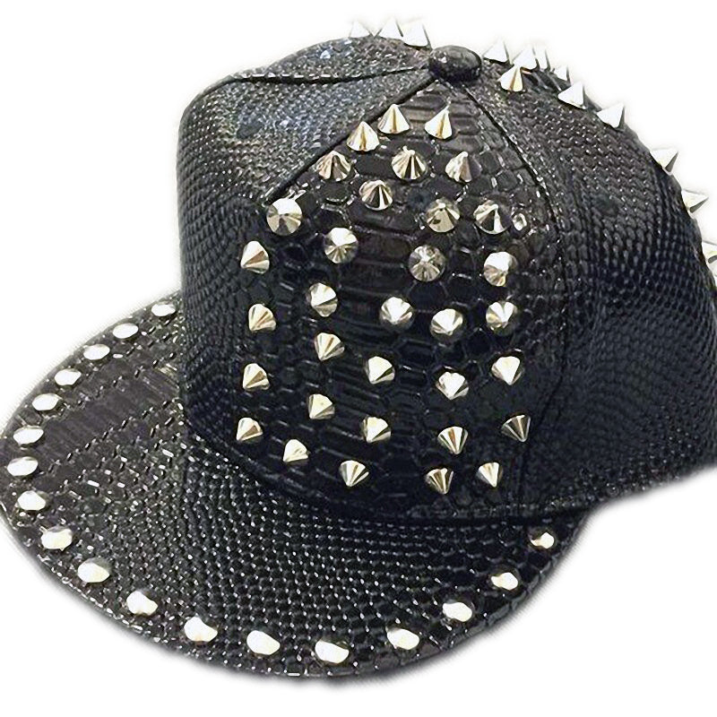 Snakeskin rock style cap with rivets and studs, faux leather baseball hat, edgy punk clothing accessory.