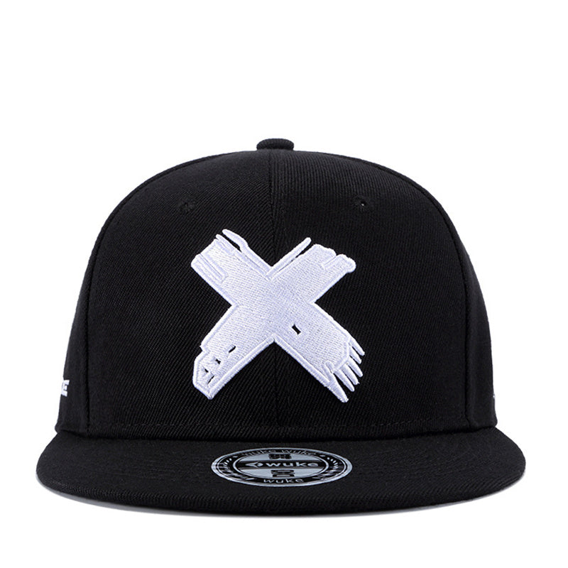 Stylish black snapback cap with white brushstroke X logo for men and women, perfect for casual and edgy outfits.