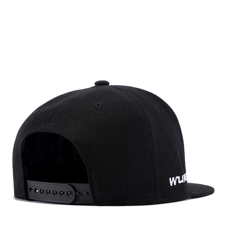 Back view of a black snapback baseball cap showing flat brim and adjustable strap, perfect for casual unisex wear.