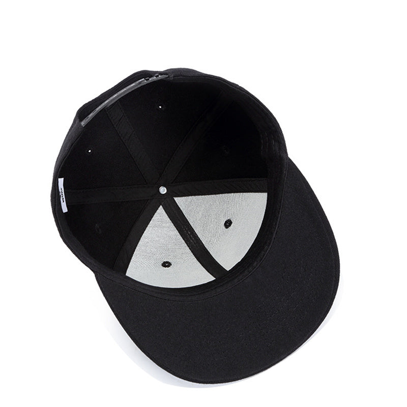 Inside view of a black snapback baseball cap with a flat brim, showcasing a sleek and stylish design.