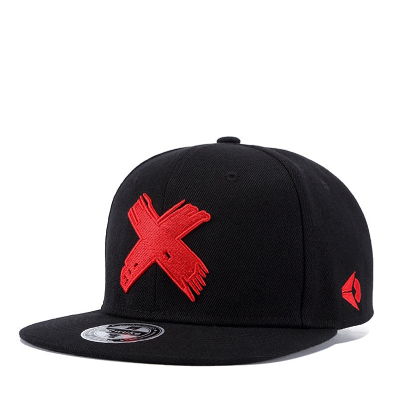 Black snapback cap with red X logo, perfect for casual outings, festivals, and a trendy rock style.