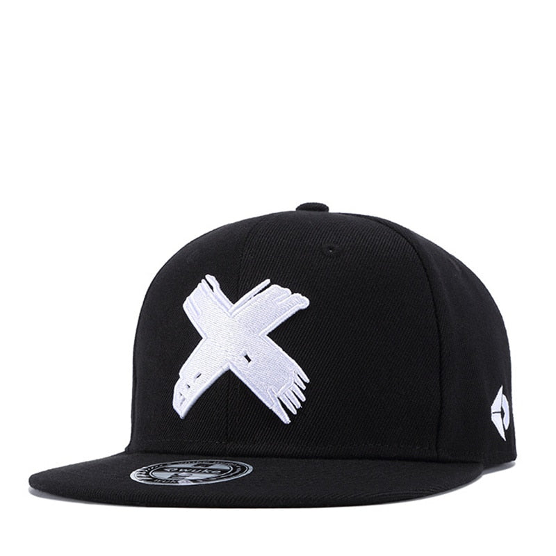 Black snapback cap with white X design, perfect for men and women seeking edgy, casual style.