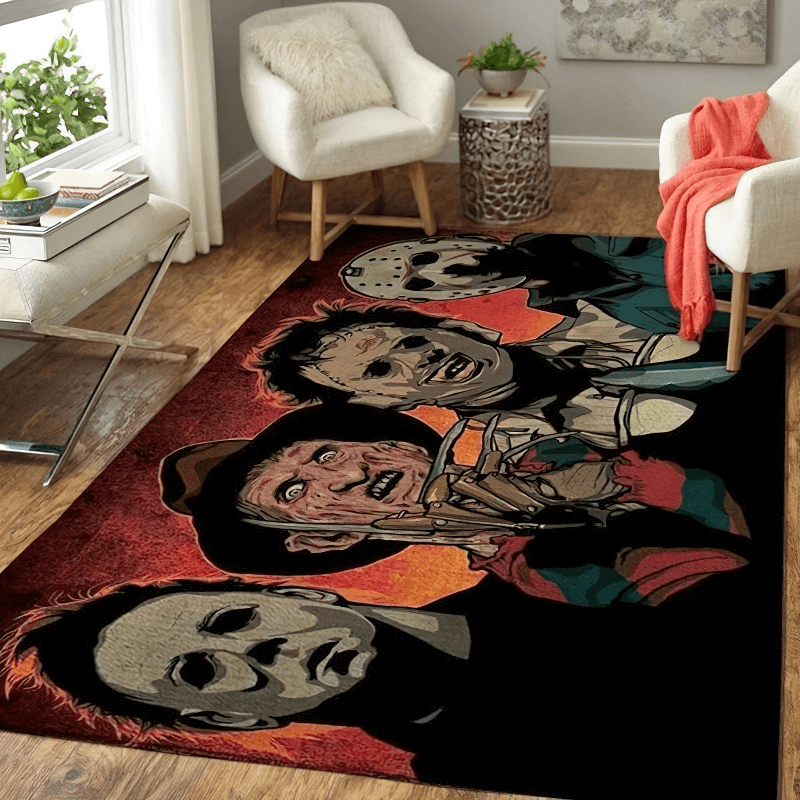 Soft carpet featuring iconic horror movie characters print, perfect for movie lovers and stylish home decor.