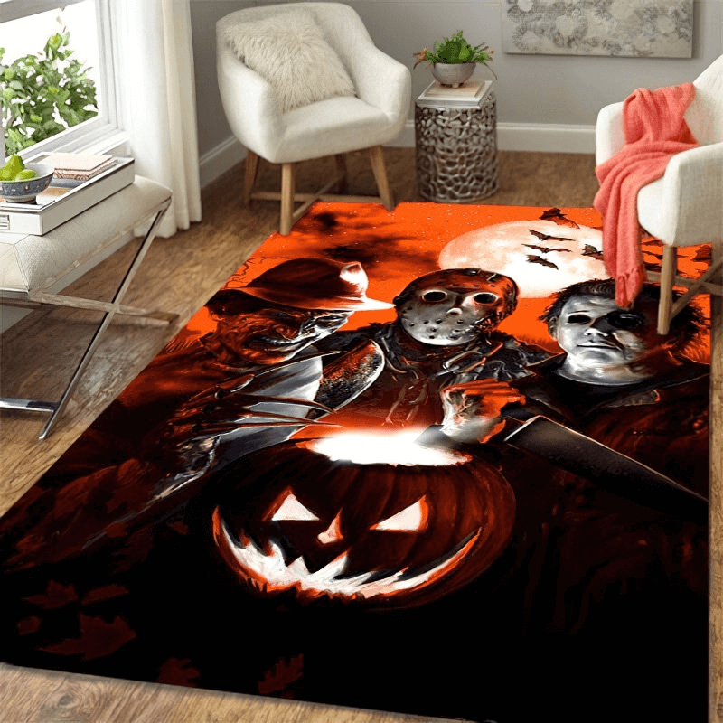 Soft carpet featuring horror movie characters surrounded by a spooky pumpkin, perfect for movie lovers' homes.