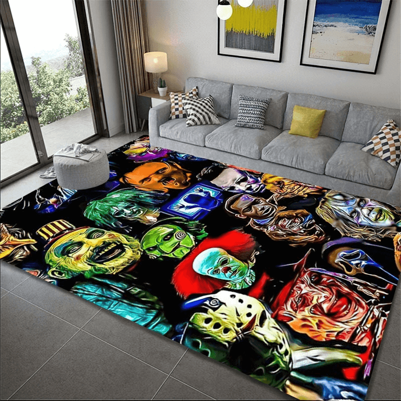 Vibrant soft carpet featuring iconic horror movie characters, perfect for movie lovers' home decor.