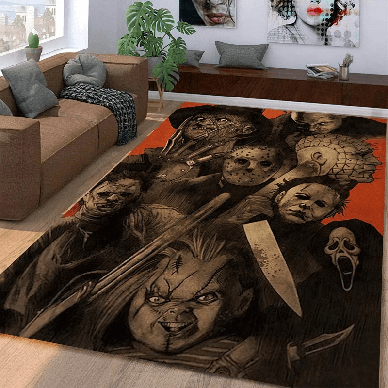 Soft carpet featuring iconic horror movie characters, perfect for movie lovers and alternative home decor.