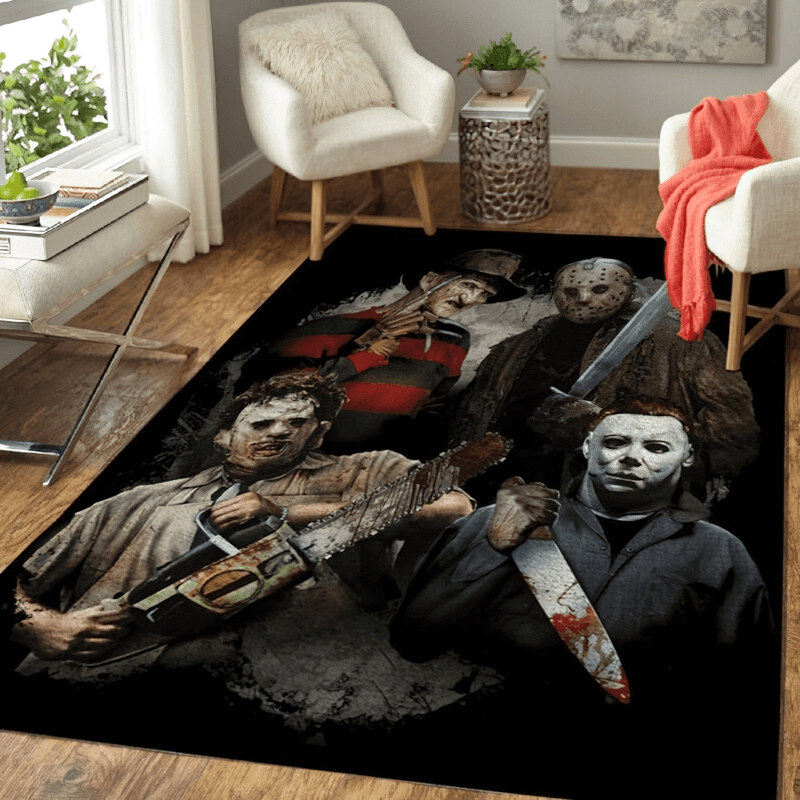 Soft carpet featuring iconic horror movie characters, perfect for movie lovers' homes and alternative decor.