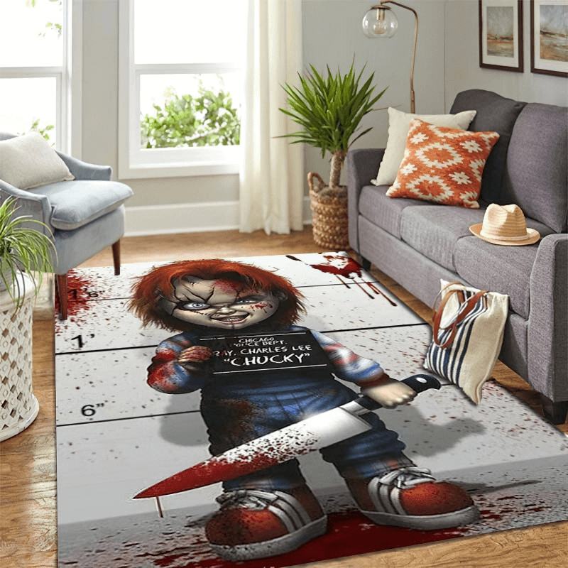 Soft carpet featuring horror movie character Chucky, perfect for movie lovers' alternative home decor.