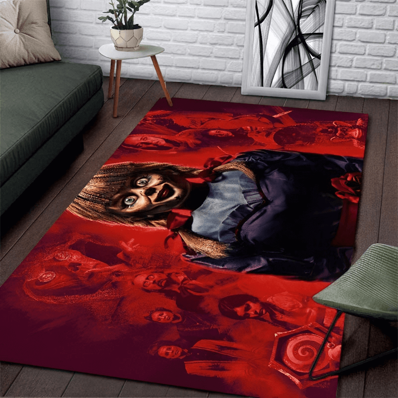 Soft carpet with horror movie characters print, featuring eerie doll on a red background, perfect for movie lovers.