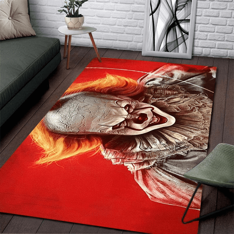 Soft carpet featuring creepy horror movie clown character print for stylish home decor.