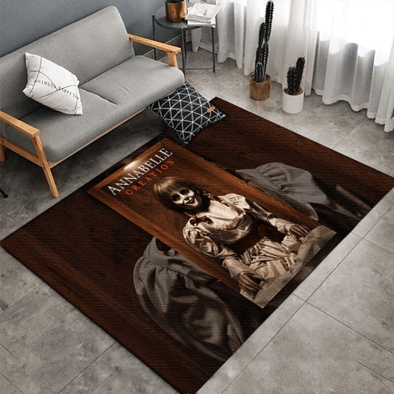 Soft carpet featuring Annabelle horror movie character, perfect for movie lovers and alternative home decor.