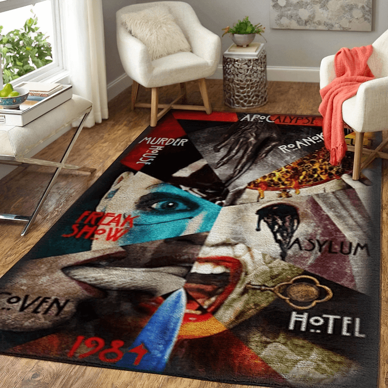 Soft carpet featuring horror movie characters print, perfect for movie lovers' home decor.