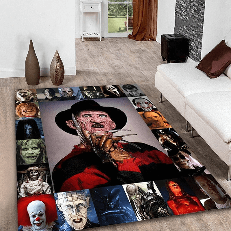 Soft carpet featuring horror movie characters, perfect for movie lovers' home decor.
