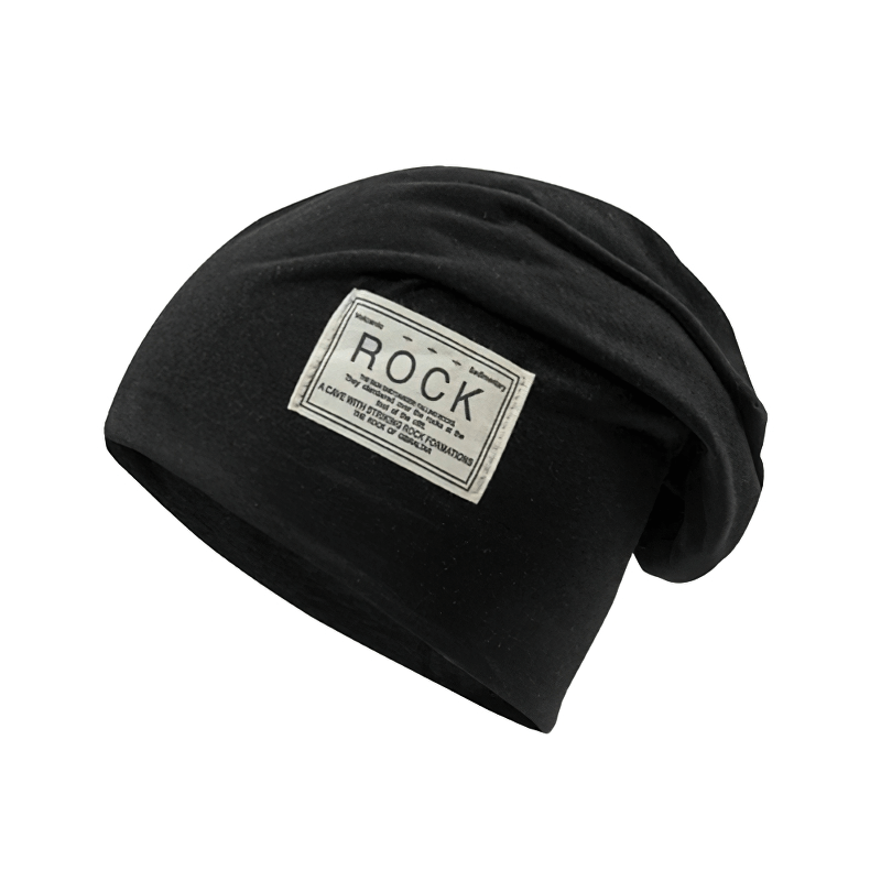 Black stretch beanie hat with stylish 'ROCK' embroidery – perfect warm outdoor accessory.