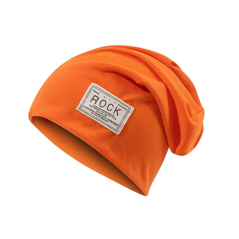 Stylish orange stretch beanie hat with unique embroidery label, perfect for casual outdoor wear.