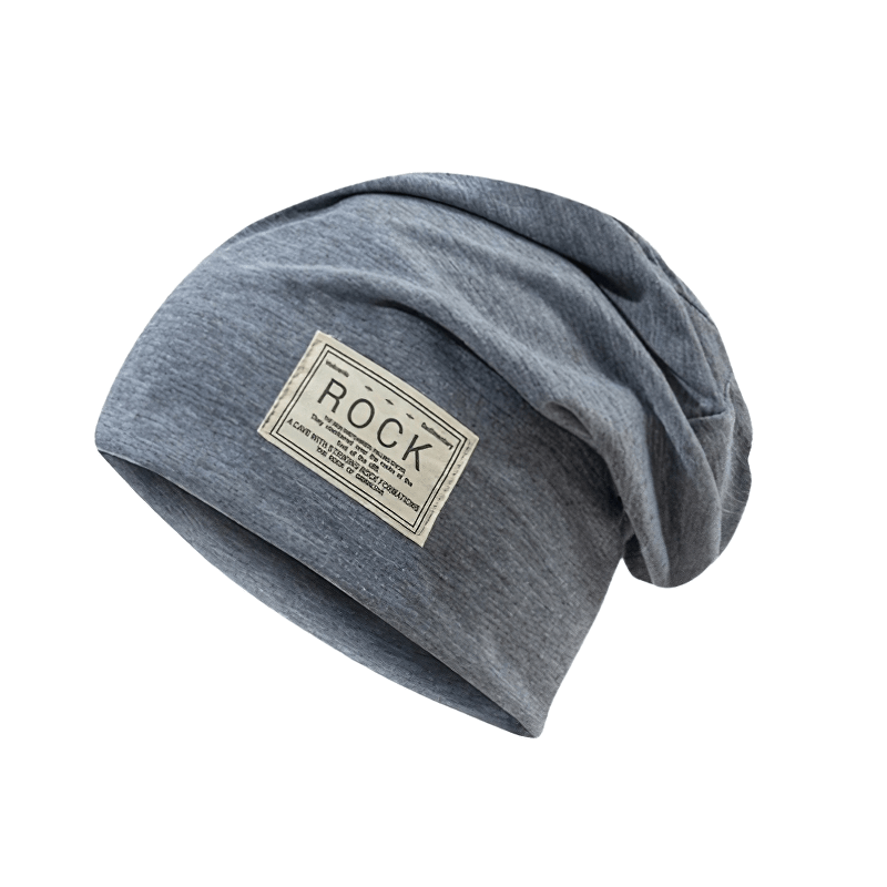 Stylish gray beanie hat with ROCK label, perfect warm casual accessory for outdoor adventures.