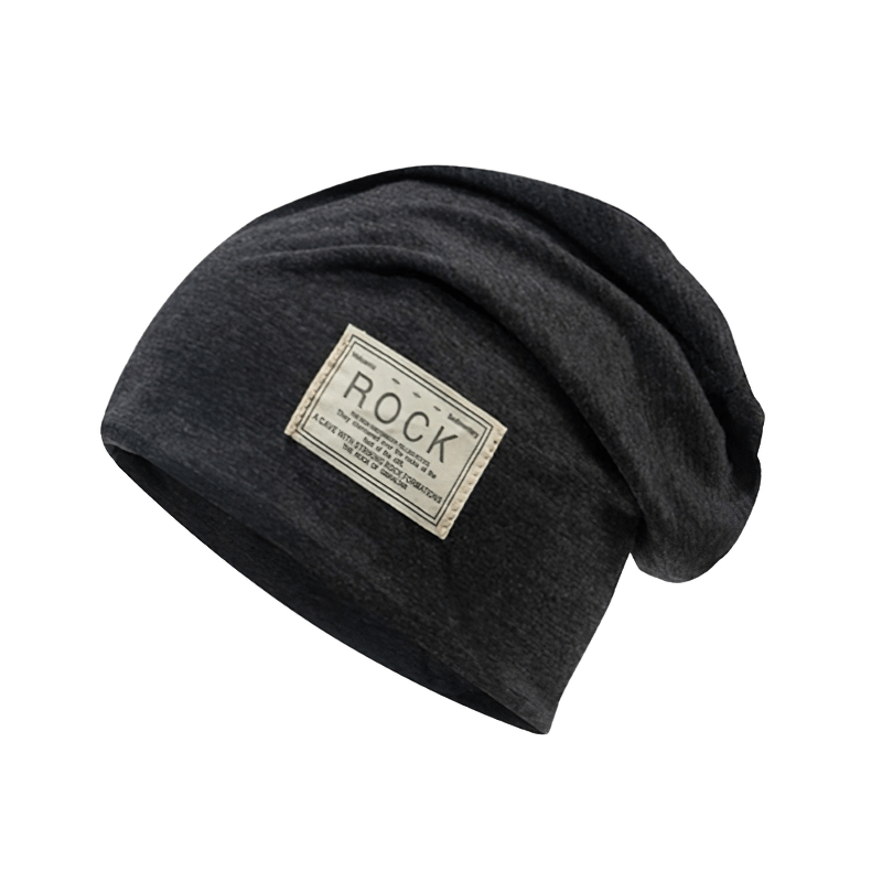 Soft stretch beanie hat in dark gray with stylish embroidery label reading 'ROCK' for trendy warmth.