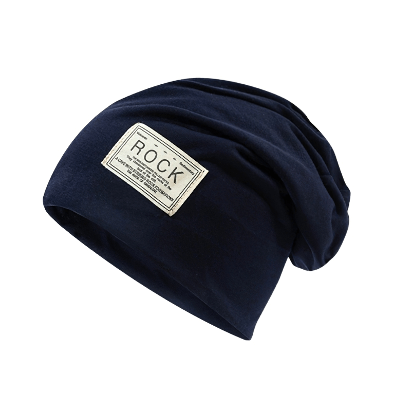 Navy stretch beanie hat with stylish patch, perfect for warm casual outdoor accessories.