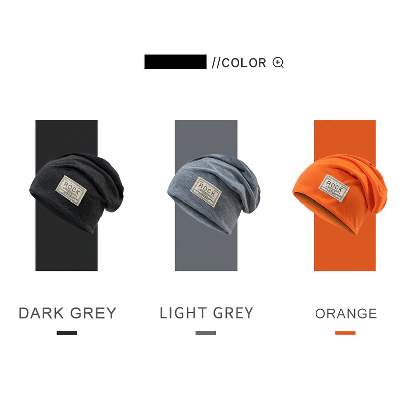 Three soft stretch beanies in dark grey, light grey, and orange showcasing stylish embroidery and trendy designs.