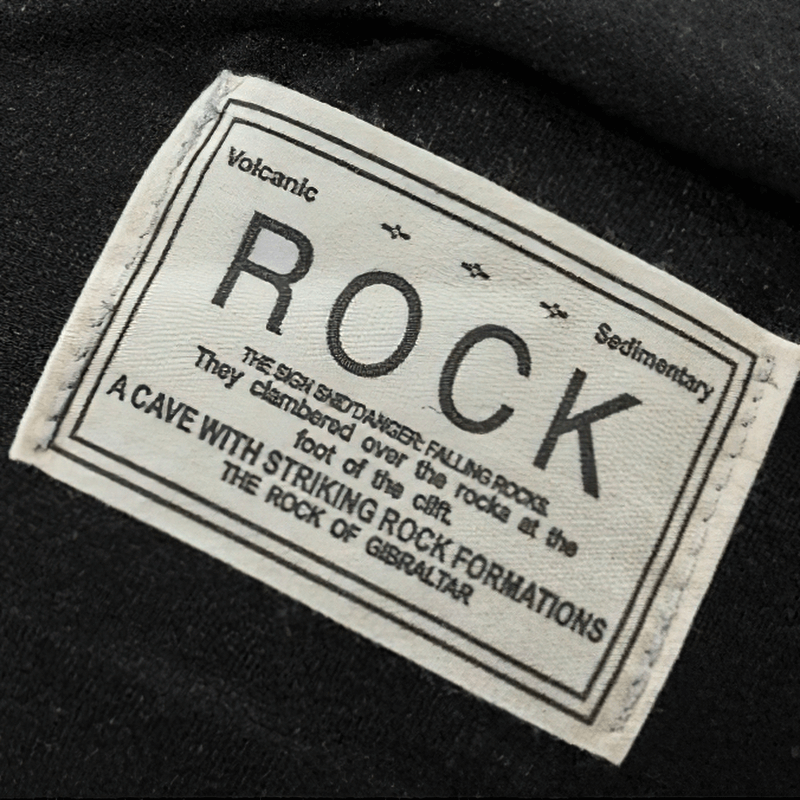 Label on a product featuring the word 'ROCK' with descriptions of volcanic and sedimentary formations.