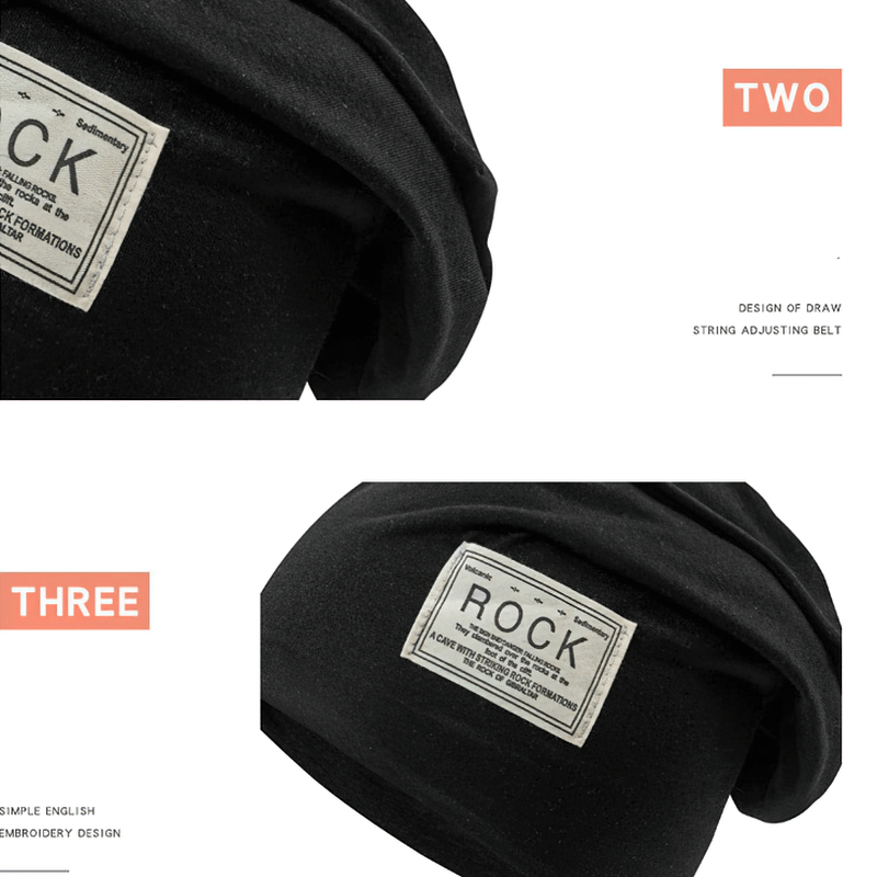 Close-up of black soft stretch beanie hat with stylish embroidery and adjustable drawstring for a perfect fit.