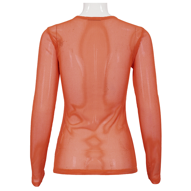Soft Stretchy Orange Transparent Top for Women / Stylish Fluorescent Long Sleeve Mesh Tops - HARD'N'HEAVY