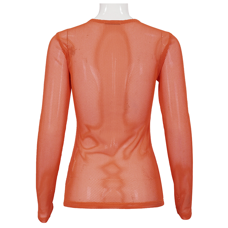 Back view of a women's soft stretchy orange transparent mesh top with long sleeves, perfect for alternative style clothing.