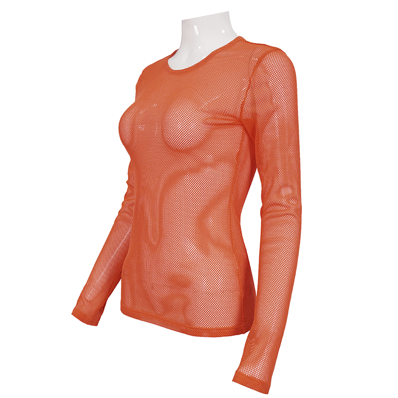 Women's bright orange long sleeve mesh top, stylish and stretchy, perfect for alternative fashion.