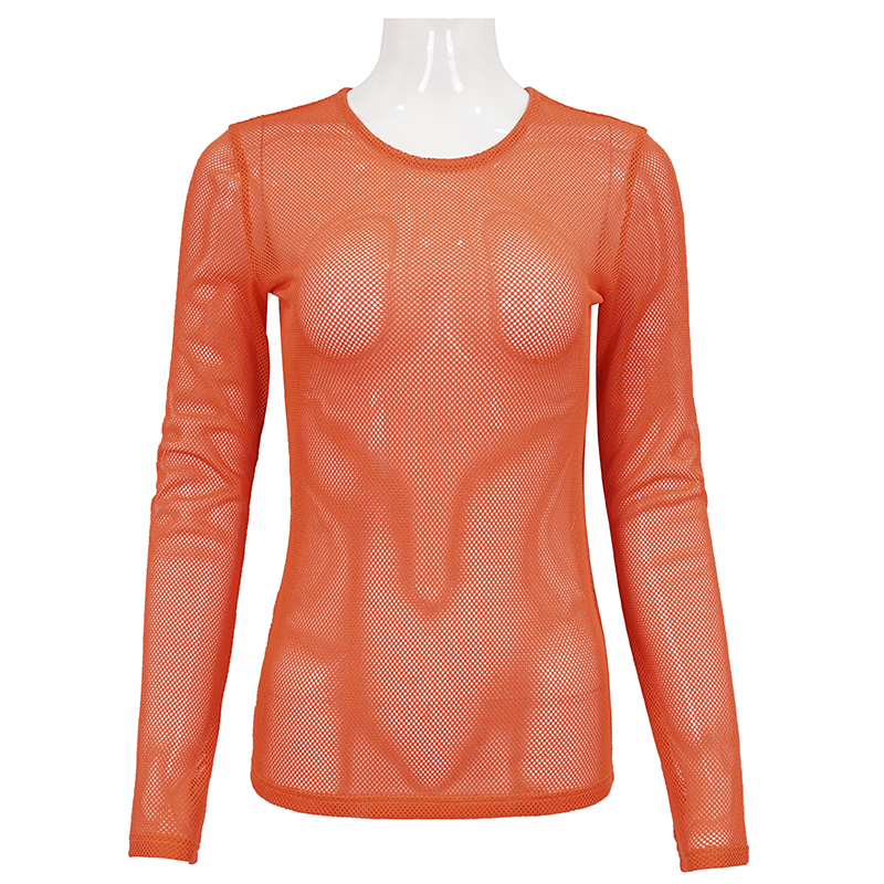 Stylish women's orange mesh long sleeve top, perfect for alternative fashion and adding vibrancy to your outfit.