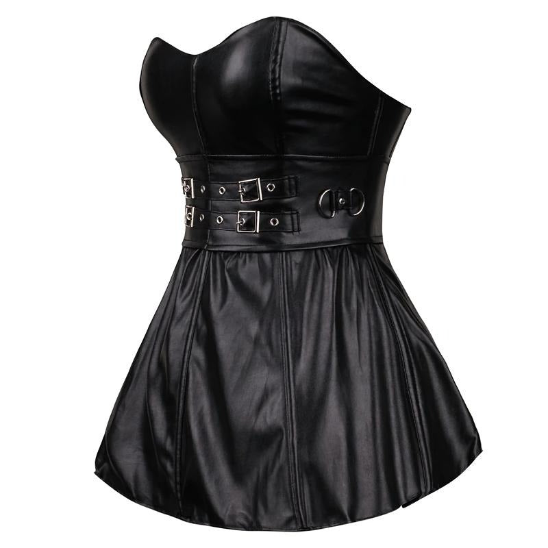 Stylish solid black women's corset dress made of synthetic leather with striking silver belt accents.
