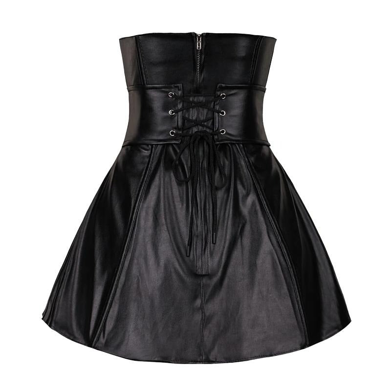 Solid black women's corset dress in synthetic leather with lace-up details and flared skirt.