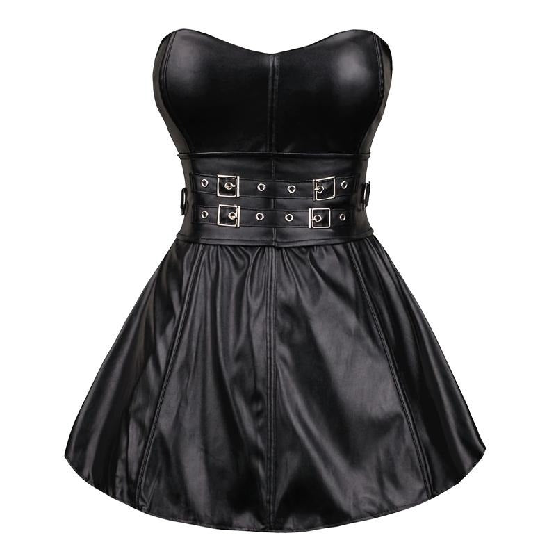 Solid Black Women's Corset Dress / Synthetic Leather Overbust / One Piece Fish Boned Corset - HARD'N'HEAVY
