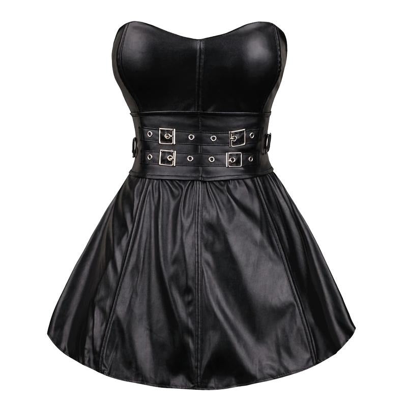 Solid black women's corset dress made of synthetic leather with stylish overbust design and adjustable belt details.