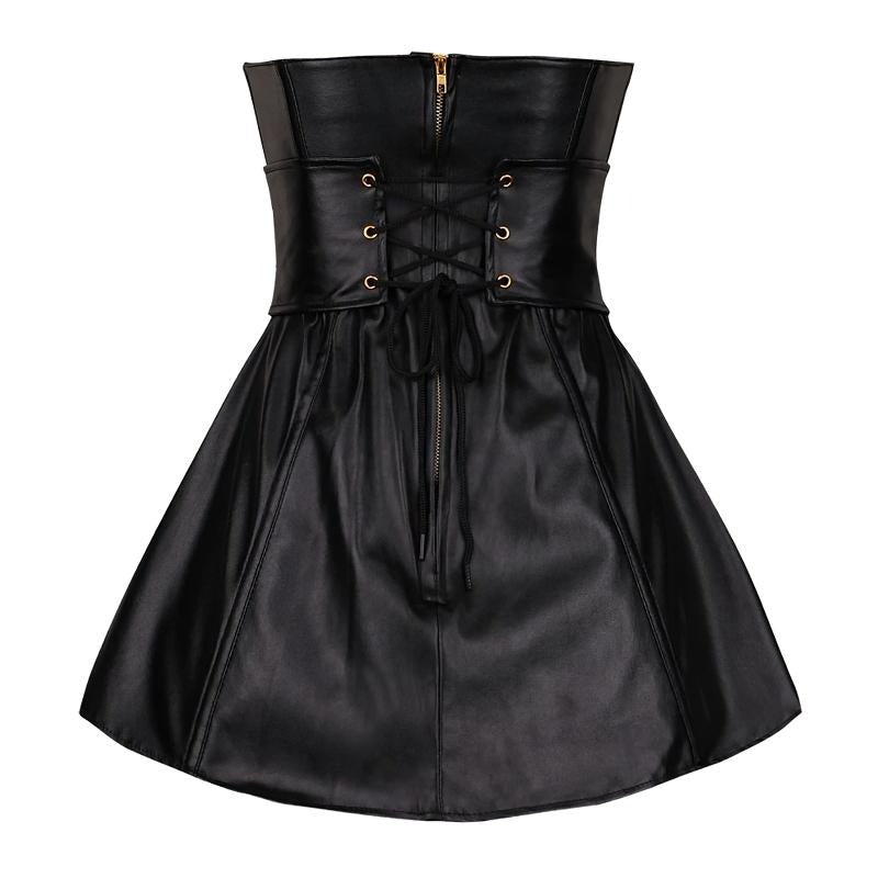 Solid Black Women's Corset Dress / Synthetic Leather Overbust / One Piece Fish Boned Corset - HARD'N'HEAVY