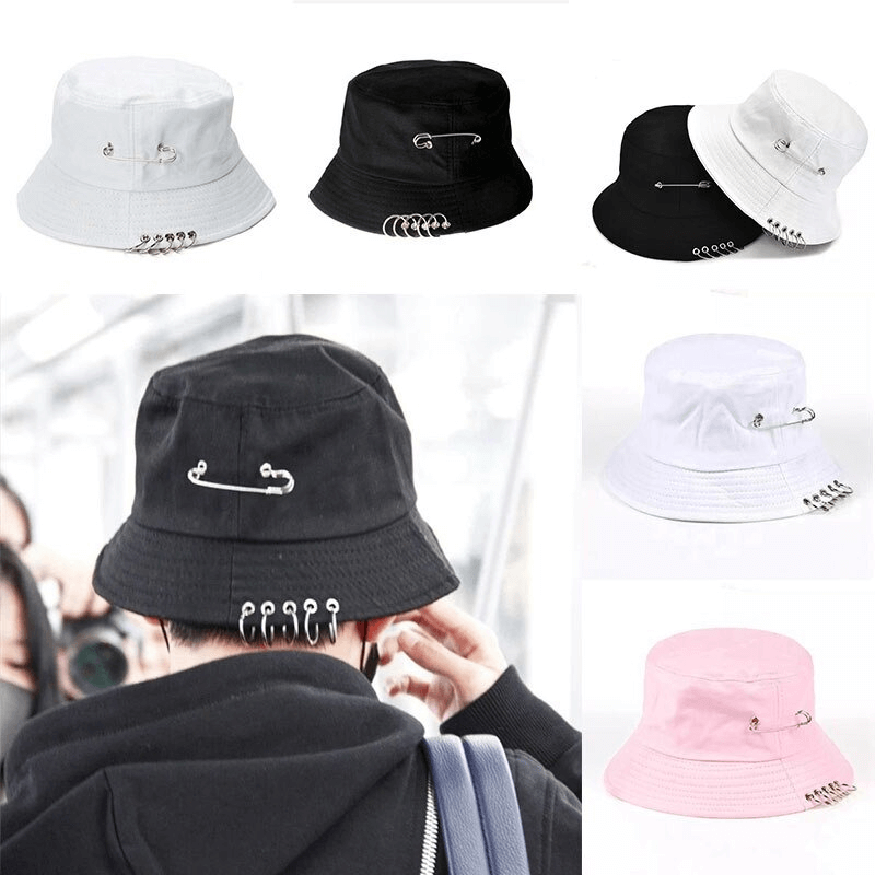 Unisex punk style cotton bucket hats featuring pin rings in various colors for a fashionable look.