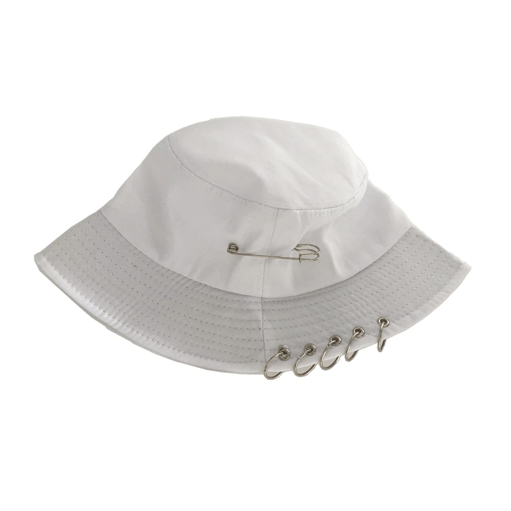 Unisex cotton bucket hat in white with pin rings and punk style accessory features.