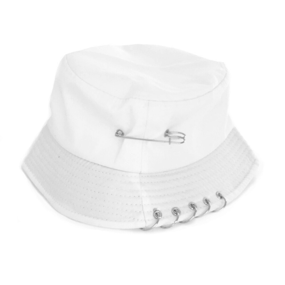 Unisex white cotton bucket hat with pin rings, perfect punk style accessory for sun protection and fashion.