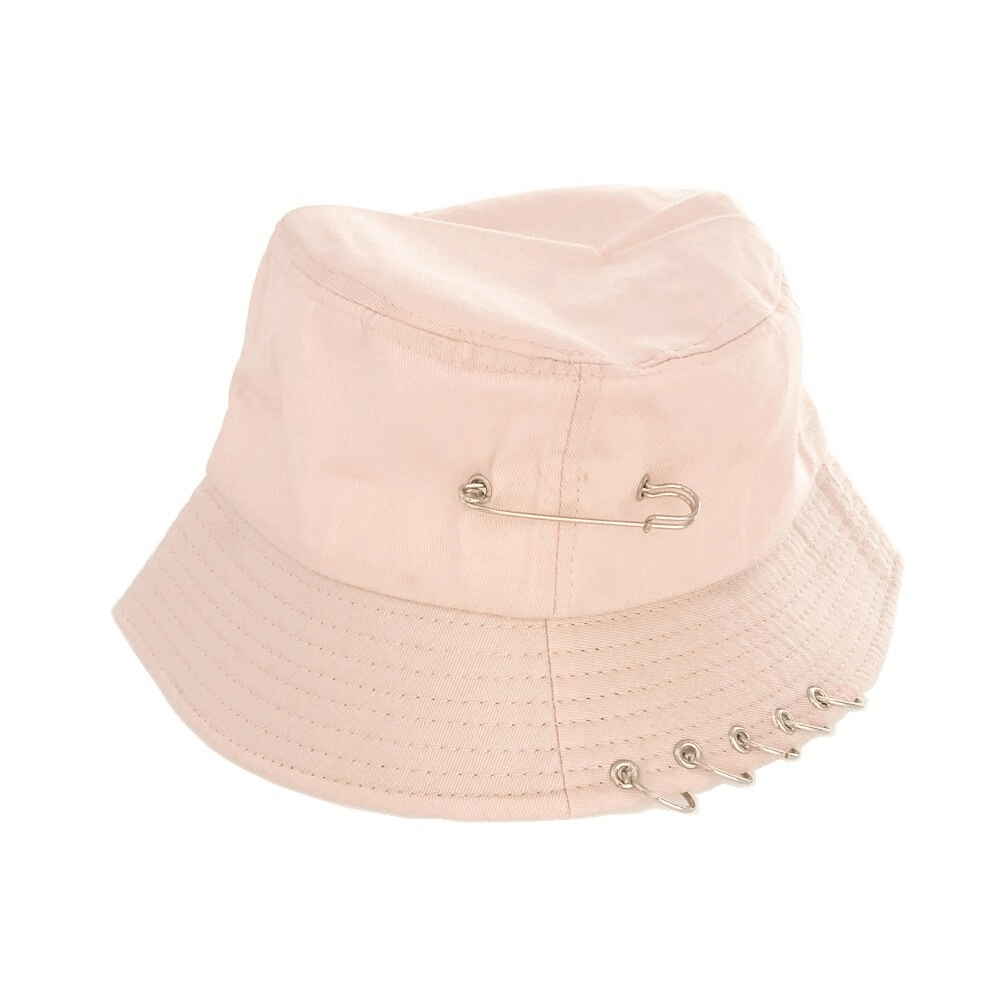 Unisex solid color cotton bucket hat with punk-style pin rings and safety pin accessory.