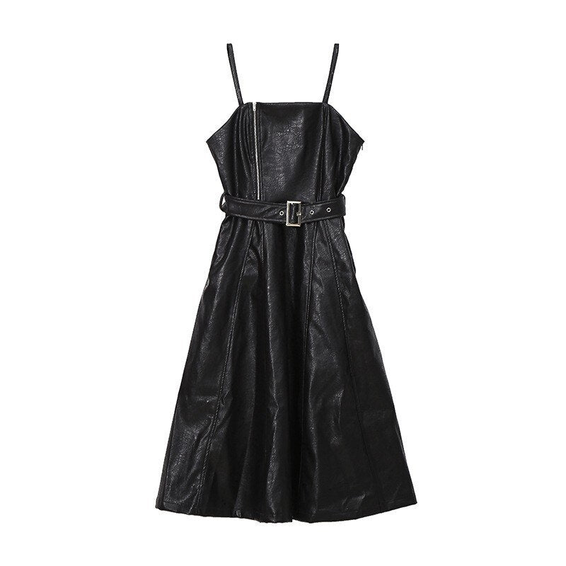 Solid Color Strapless Black PU Leather Dress / High Waist Belt Zipper Loose Dress Solid Color Strapless Black PU Leather Dress / High Waist Belt Zipper Loose Dress