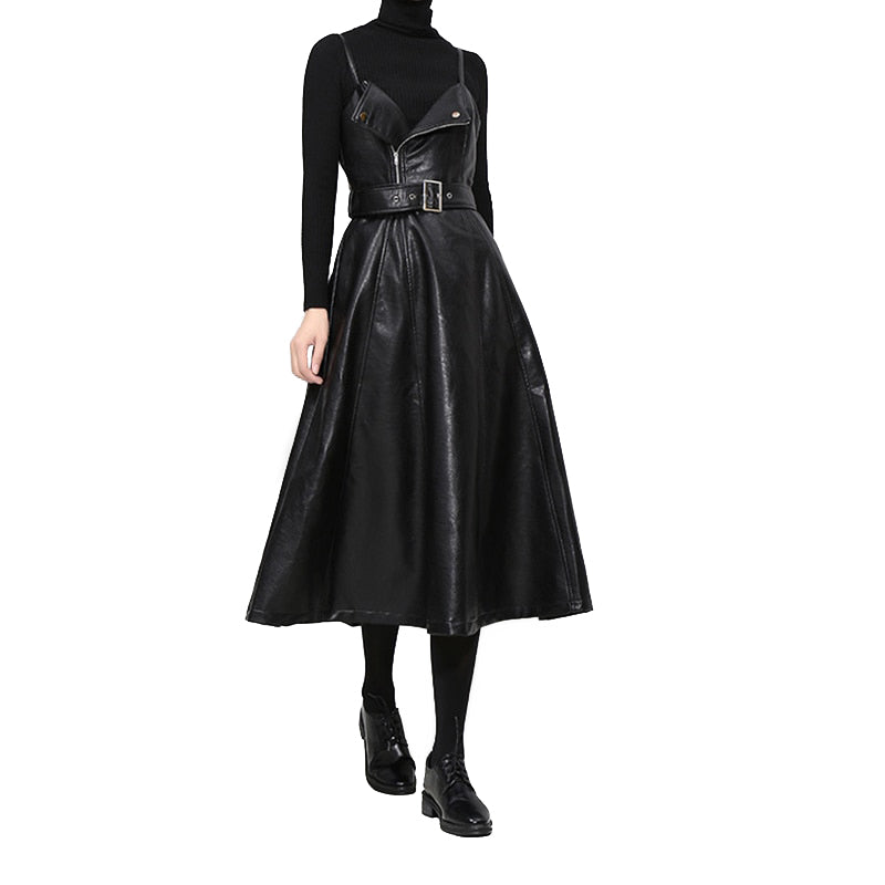 Solid Color Strapless Black PU Leather Dress / High Waist Belt Zipper Loose Dress - HARD'N'HEAVY